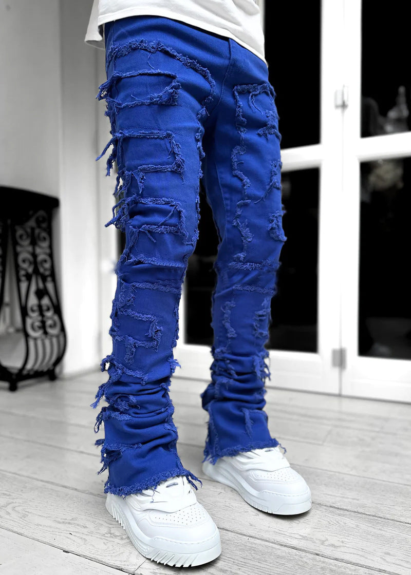 Mens Fringe Ripped Tight Fit Stacked Jeans
