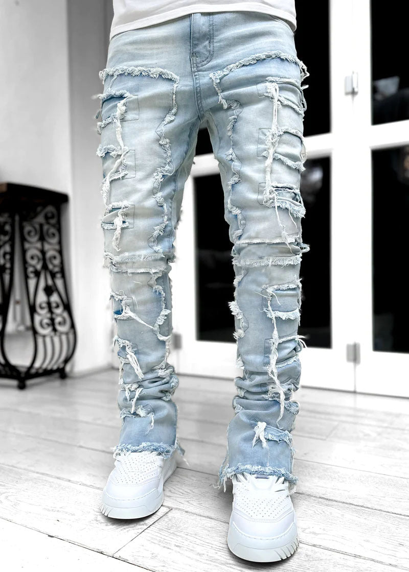Mens Fringe Ripped Tight Fit Stacked Jeans