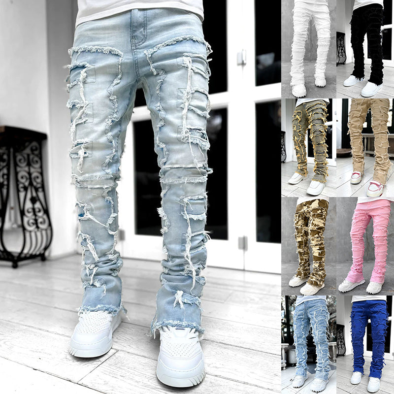 Mens Fringe Ripped Tight Fit Stacked Jeans