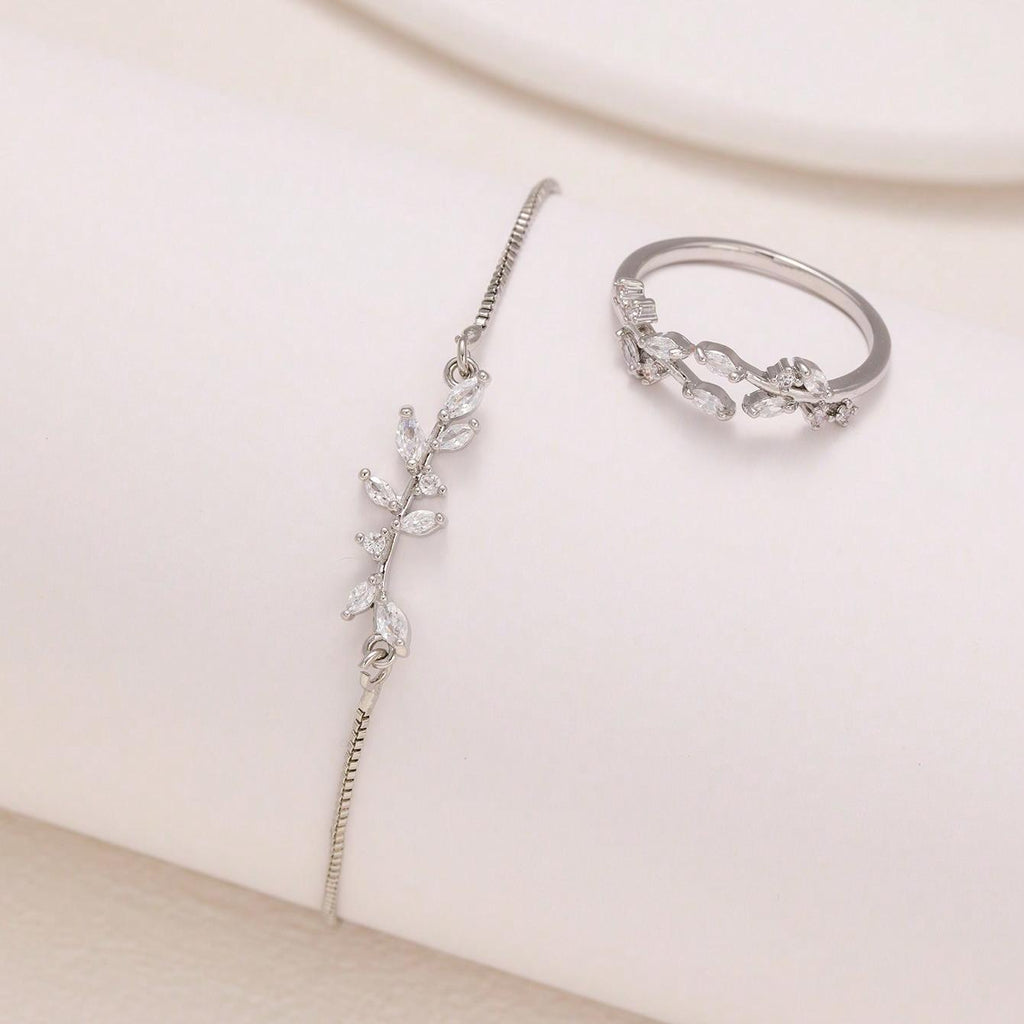 2pcs Silver Horse Eye Crystal Zircon Fashion Leaf Bracelet And Ring Set