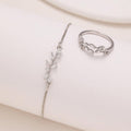 2pcs Silver Horse Eye Crystal Zircon Fashion Leaf Bracelet And Ring Set