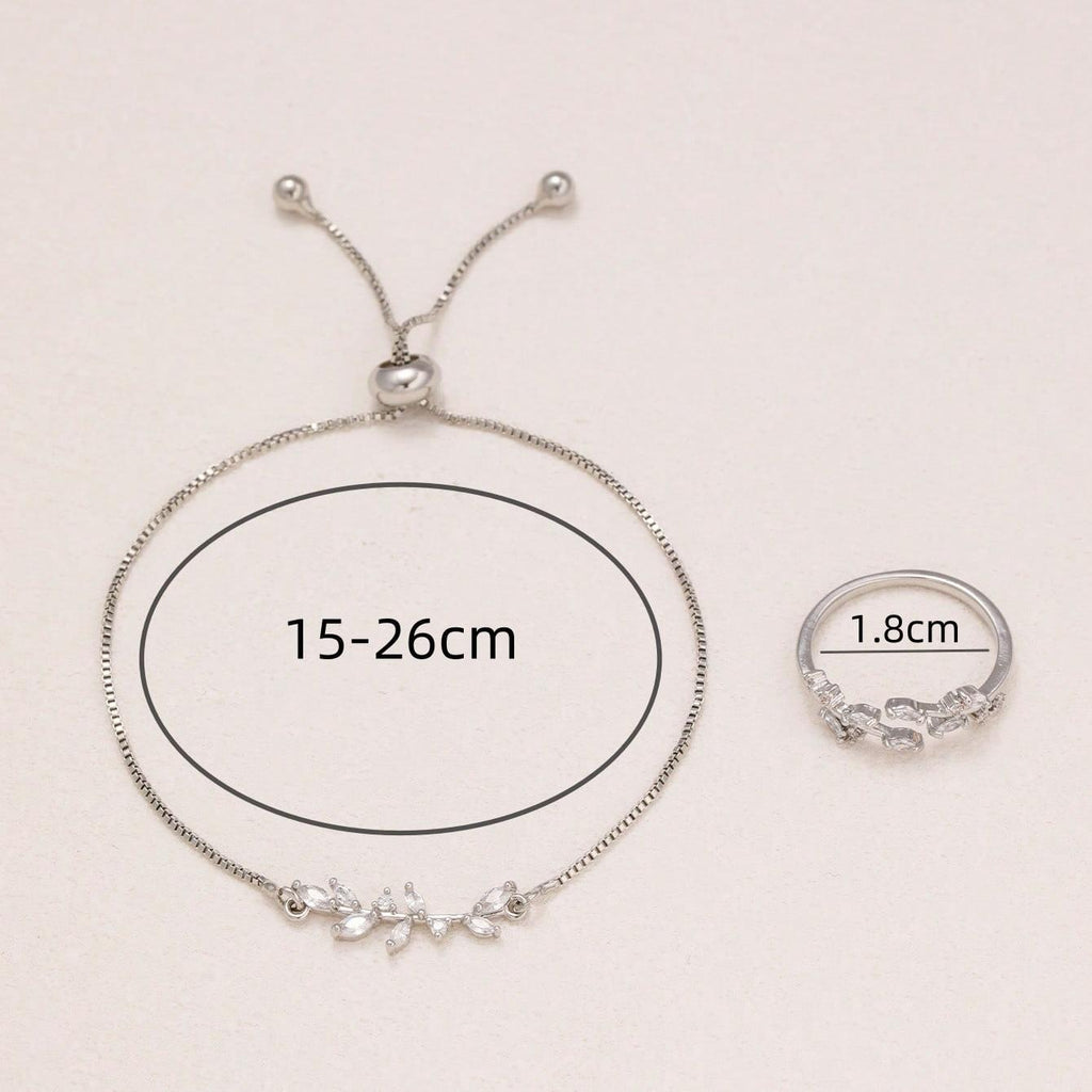 2pcs Silver Horse Eye Crystal Zircon Fashion Leaf Bracelet And Ring Set
